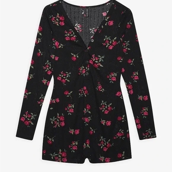 For Love And Lemons Pointelle Deep V Onesie Black Floral Small NEW - Picture 5 of 8